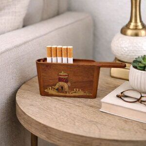 Vintage Wooden Mexican Folklore Cigarette Holder With Hand-Carved & Painted Scen